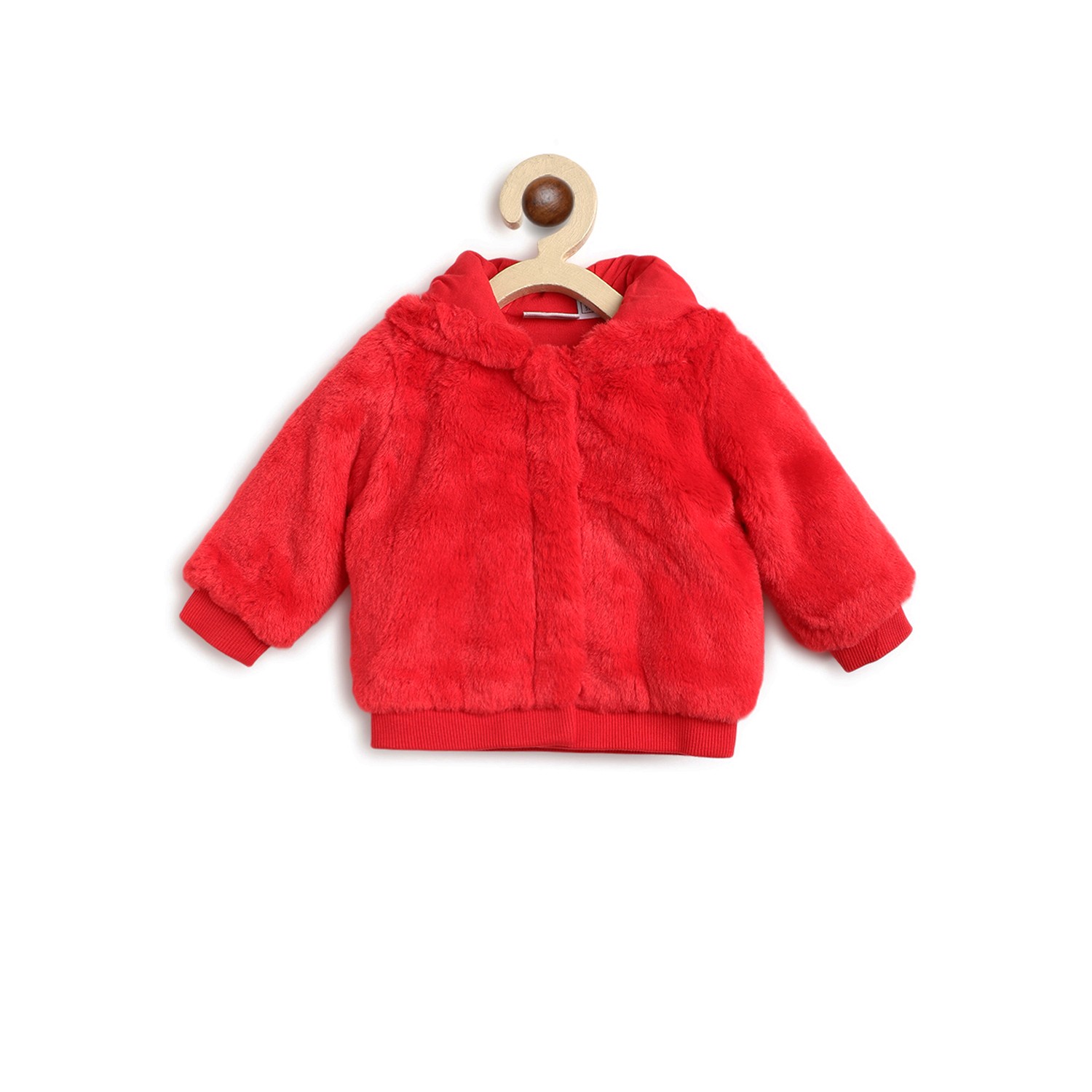 Girls Faux Fur Front Open Cardigan with Hood-Red